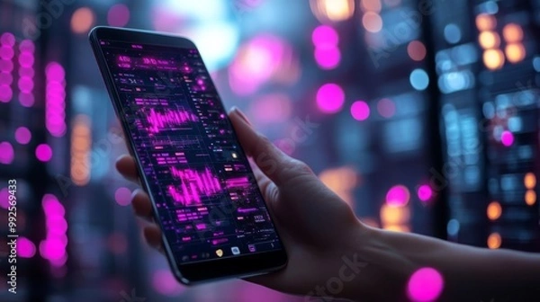 Fototapeta Hand Holding a Smartphone with Data Visualization