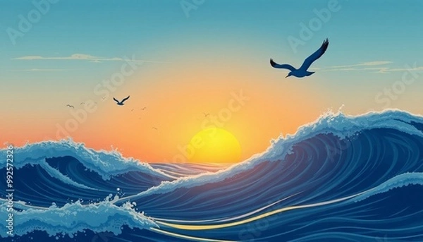 Obraz sea waves background with a birds and sunset illustration
