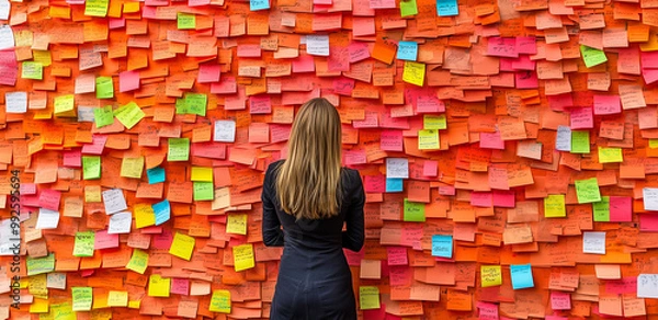 Fototapeta Sticky Note Post It Board Office. Business people meeting at office and use post it notes to share idea. Brainstorming concept. Sticky note on glass wall or blackboard. Set of colorful blank notes. 