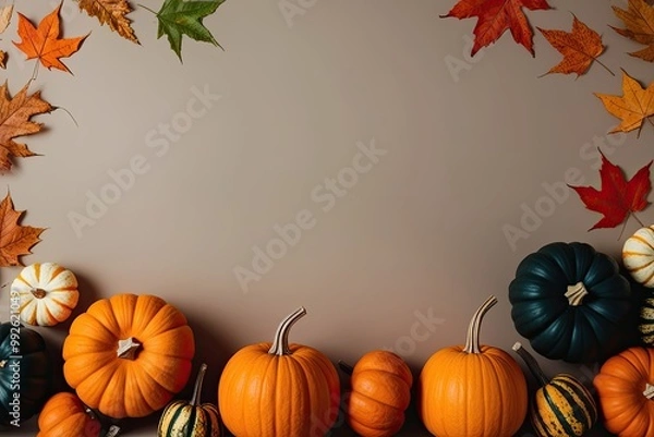 Fototapeta Enchanting Autumn Aesthetic with Vibrant Orange Pumpkins and Colorful Leaves on a Soft Background