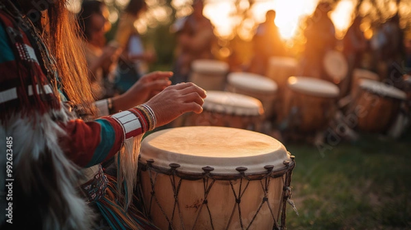 Obraz A ceremonial drum circle, symbolizing the heartbeat of Native American culture, with participants joining in rhythm, American Indian Heritage Day