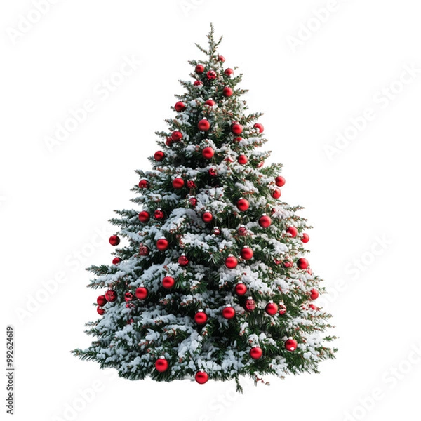 Fototapeta Christmas snowy tree decorated with red balls ornaments isolated on white background. clipping path