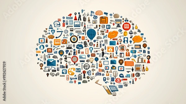 Fototapeta Human brain made of swirling digital lines and business icons, representing creative business ideas, idea brain, complex business thinking