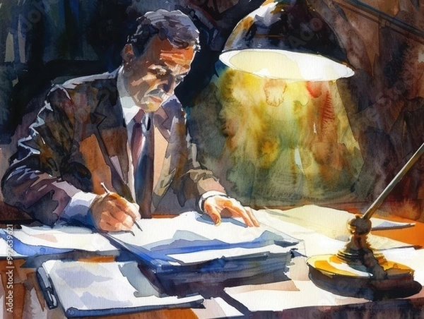 Fototapeta Watercolor drawing of executives rushing to review and sign documents.