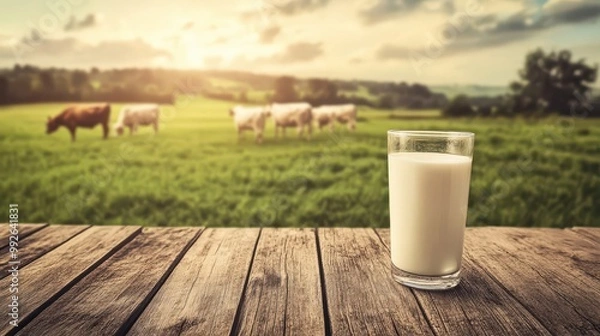 Fototapeta Fresh milk from pitcher into the glass with grass field and cows with a natural background,fresh milk ad template banner,Cows live on natural pastures, packaging with milk packs concept.