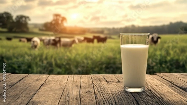 Fototapeta Fresh milk from pitcher into the glass with grass field and cows with a natural background,fresh milk ad template banner,Cows live on natural pastures, packaging with milk packs concept.
