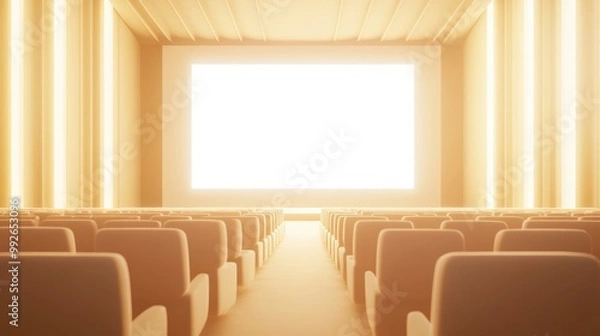 Fototapeta AI illustration of a theater with rows of cream-colored seats and a blank white screen. No people, no logos.
