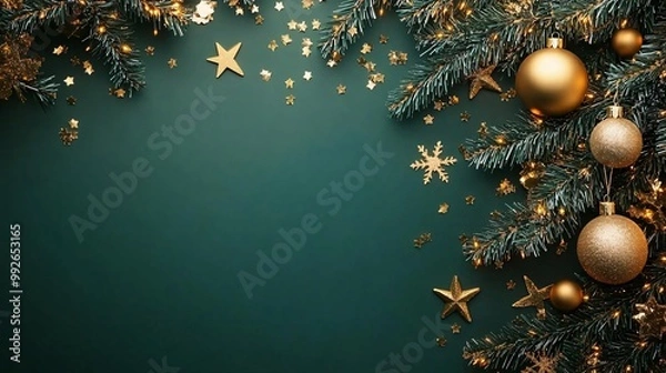 Fototapeta joyful christmas decorations, gold ornaments, and confetti on a bright green holiday background