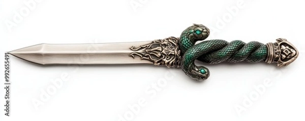 Fototapeta An ornate dagger with a snake-shaped handle, featuring intricate silver and green details, perfect for fantasy themes.