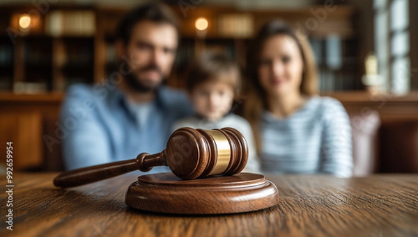 Obraz Wooden Blocks Spelling Divorce With Gavel and family. divorce and guardianship.