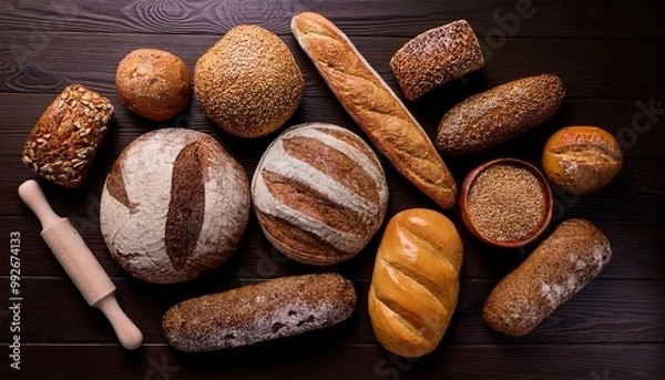 Obraz A variety of basic breads on the top view table