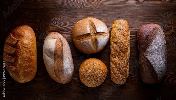 Obraz A variety of basic breads on the top view table