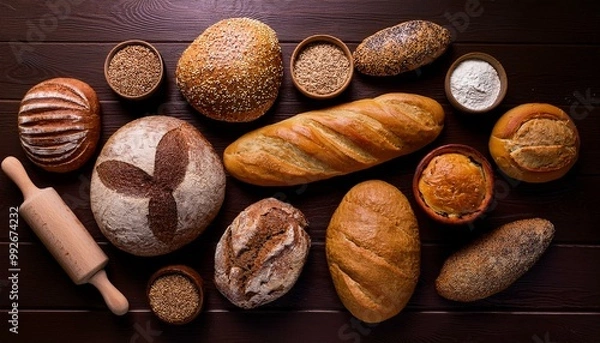 Obraz A variety of basic breads on the top view table