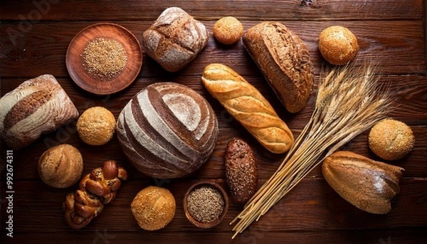 Obraz A variety of basic breads on the top view table