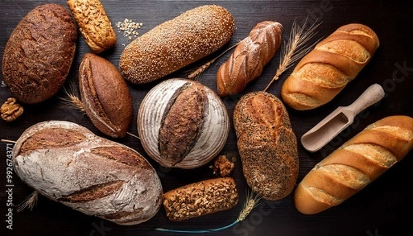 Obraz A variety of basic breads on the top view table