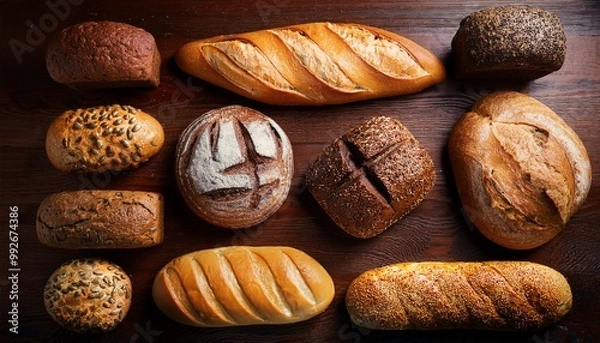 Obraz A variety of basic breads on the top view table