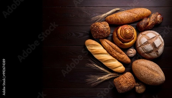 Obraz A variety of basic breads on the top view table