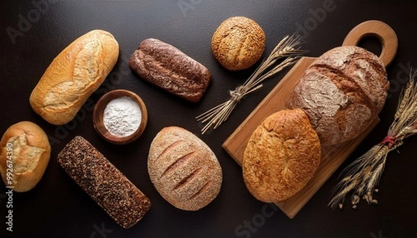 Obraz A variety of basic breads on the top view table
