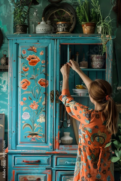 Fototapeta Young woman repainting old cabinet in bright color. Repair of old furniture. Restoration of old furniture. Furniture flip. Furniture renovation, diy and home improvement concept. Restorer at work