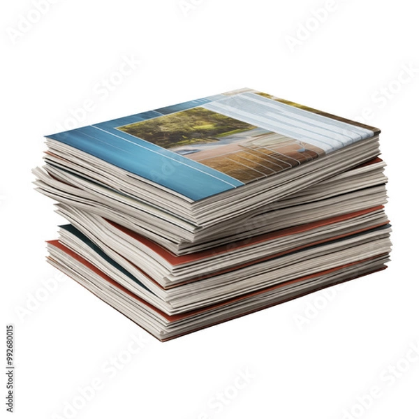 Fototapeta Large Stack Of Colorful Magazines With Glossy Covers On White Background