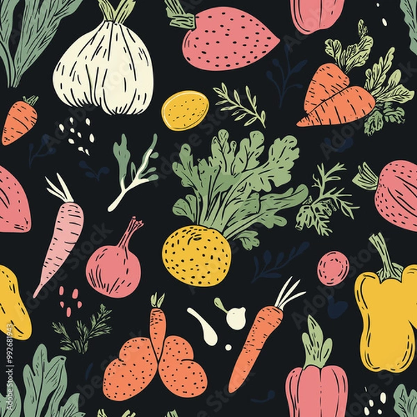 Fototapeta Organic vegetables art pattern for print, vector illustration style
