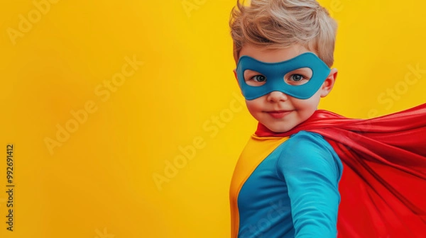 Fototapeta  child dressed in a bright red and blue superhero costume, complete with a mask and cape, against a solid yellow background, confidently striking a heroic pose. Halloween concpet