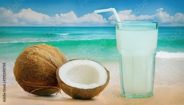 Fototapeta A glass of chilled coconut water and a piece of coconut on a sandy beach with waves in the distance