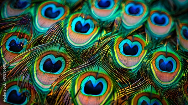 Obraz Close-up View of Vivid Peacock Feathers Displaying Iridescent Colors and Complex Patterns