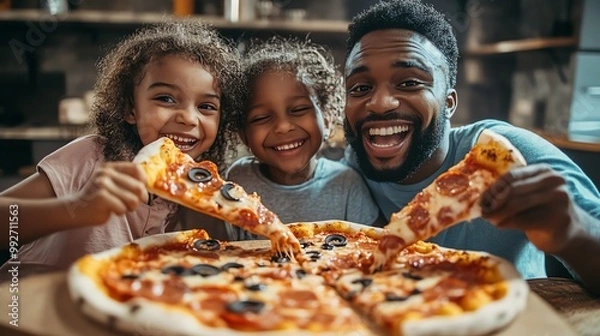 Obraz A happy family enjoys a delicious pizza together. The father, mother, and daughter are all smiling and laughing as they share a meal.