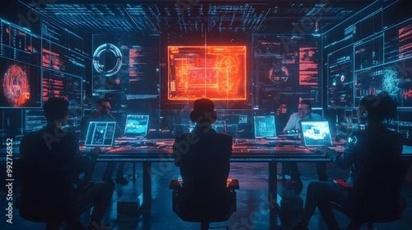 Fototapeta A group of digital artists seated in a circle, each focused on their tablet screens, glowing with vibrant digital artworks, surrounded by creative tools and holographic sketches