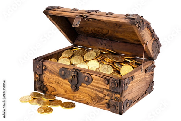 Fototapeta Treasure chest filled with gold coins, isolated on transparent background