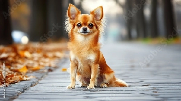 Fototapeta A charming small dog with big ears and long feet, exuding an adorable presence. This delightful canine features a soft, fluffy coat and an expressive face,
