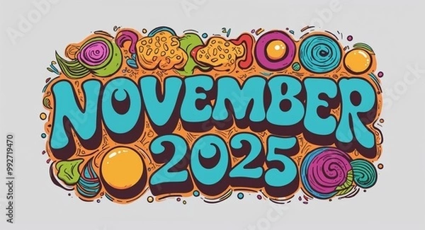 Fototapeta november 2025 word lettering with groovy doodles drawing design on plain white background