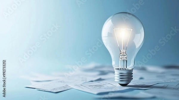 Fototapeta A lightbulb sitting on scattered plans, showcasing creation, invention, and the study of patent failure