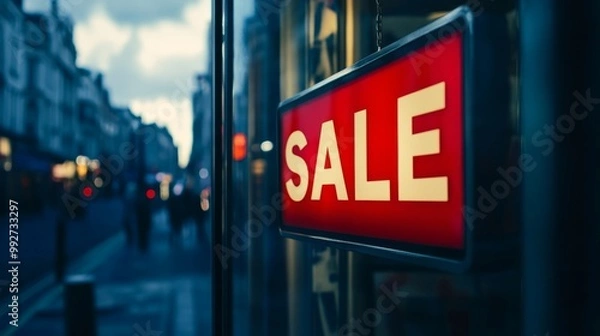 Fototapeta Minimalistic shop window with a striking "SALE" sign, while urban life buzzes outside.