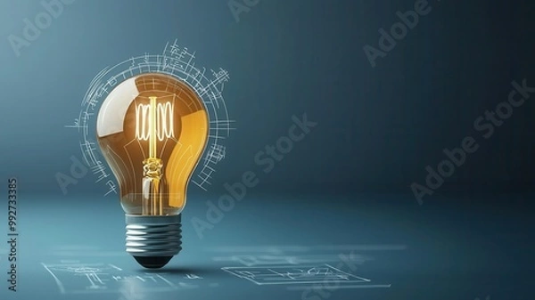 Fototapeta Lightbulb with blueprint sketches, focusing on the case study of invention and patent creation