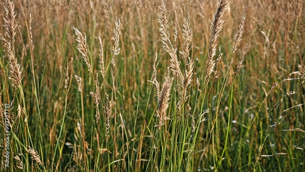 Fototapeta Just Some Grasses Nature background. African fountain flower blooming grass field with sunset light on background. Poaceae Grass Flowers, select focus only on some point,