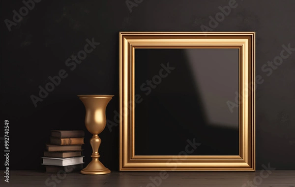 Fototapeta Ornate picture frame on a sturdy wooden table, vibrant vase of colorful flowers and intriguing books, cozy warm atmosphere for relaxation and inspiration. On a solid wooden table