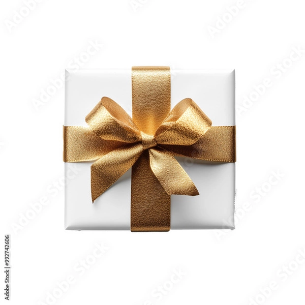 Fototapeta White gift box with golden ribbon bow isolated on white background