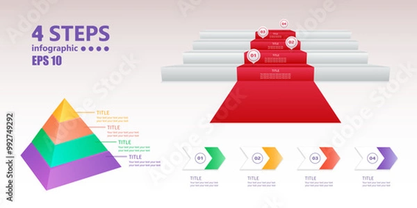Fototapeta A set of business infographic elements consisting of 4 steps, presented in the form of a stairs, pyramid and cards. 3 D. Vector illustration.