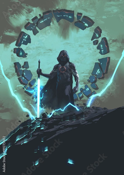 Fototapeta A shadowy knight in a flowing black cloak holds a sword, representing darkness and mystery in a fantasy world, digital art style, illustration painting