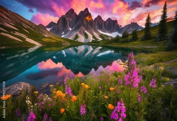 Fototapeta vibrant travel journal featuring stunning landscape imagery lush serene colorful skies captured breathtaking details, adventure, exploration, journey