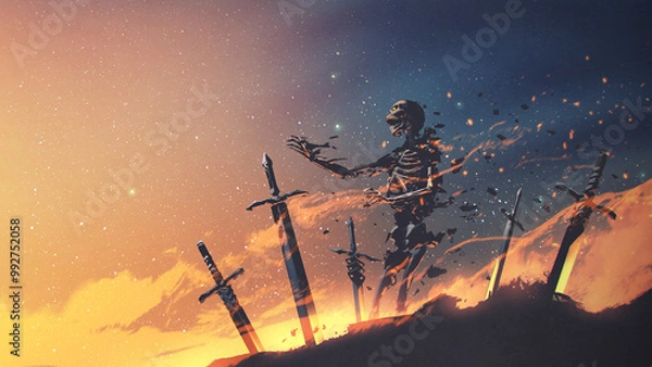 Fototapeta A dramatic graphic of a skeleton ghost engulfed in radiant holy light, symbolizing a clash between dark spirits and divine forces., digital art style, illustration painting