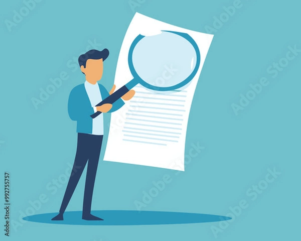Fototapeta Businessman Inspecting Document with Magnifying Glass for Contract Validation or Financial Analysis in Flat Minimalist SVG Vector Illustration