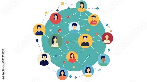 Obraz Social Network Connections Concept Vector Illustration for Infographic Design, Flat Design Web Communication, Digital Community, User Profiles, Network Links