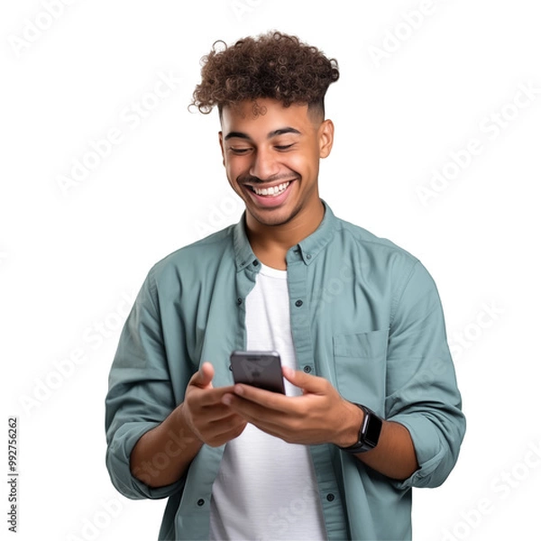 Fototapeta Smiling Young Man Holding A Smartphone While Wearing Casual Outfit On White Background