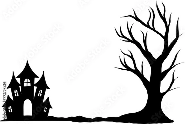 Fototapeta Halloween haunted house silhouette with bare tree on transparent background