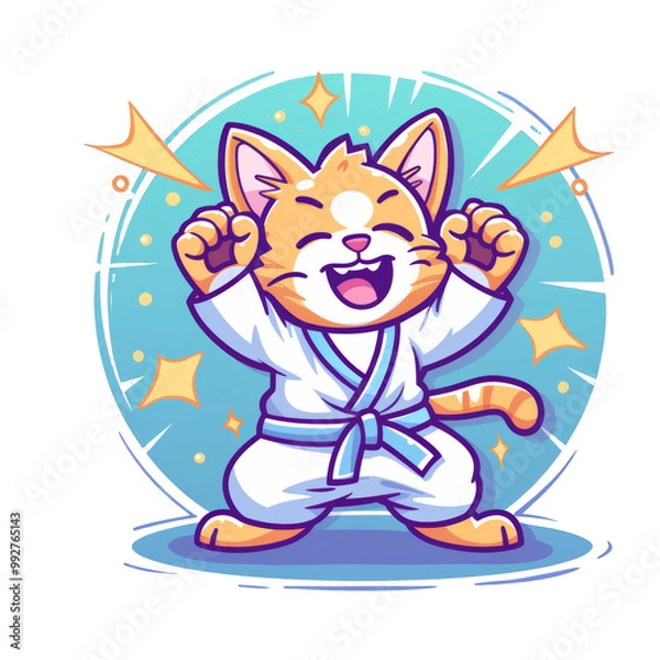 Fototapeta A cute, orange tabby cat wearing a white karate gi and blue belt, with fists raised in the air, grinning, and surrounded by sparkly stars.