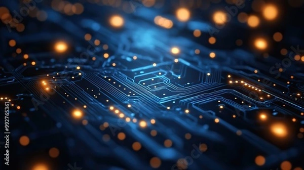 Obraz A blue digital tech background with circuit patterns, ideal for innovative presentations and designs.
