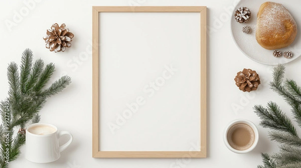 Fototapeta create a professional mockup of a simple wooden vertical frame hanging on the wall above a table of hot cocoa and Christmas baking, Christmas farmhouse theme.
